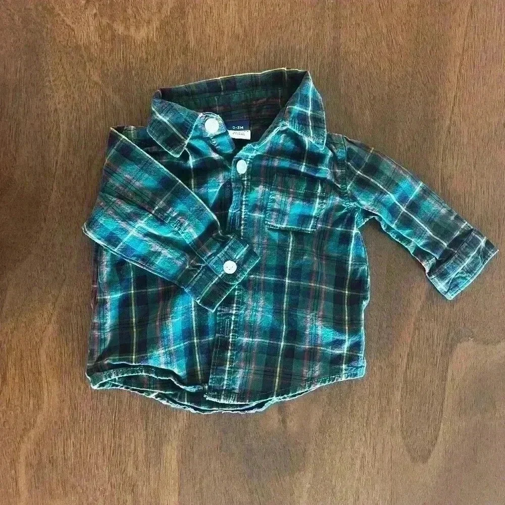 Old Navy Plaid Button Up Shirt Boys 0-3 Months Green Good Long Sleeve 0837